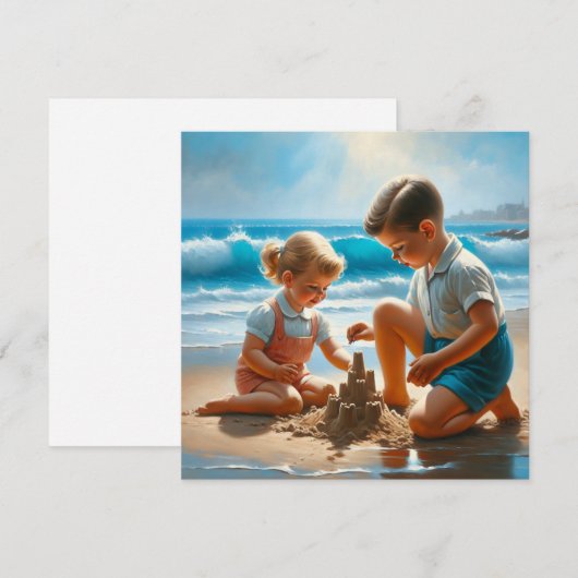 Ein kleines Mädchen und Junge Gebäude a Sandcastle (Vorne/Hinten)