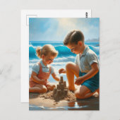 Ein kleines Mädchen und Junge Gebäude a Sandcastle Postkarte (Vorne/Hinten)