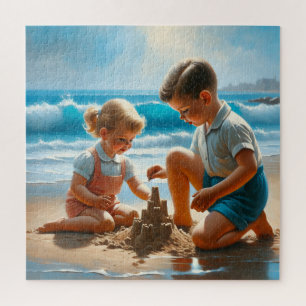 Ein kleines Mädchen und Junge Gebäude a Sandcastle Puzzle