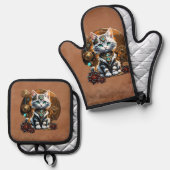 Ein kleines, niedliches Kätzchen im Steampunkstil. Ofenhandschuh & Topflappen-Set (Vorderseite/Rückseite)