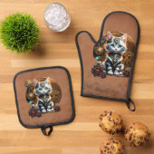 Ein kleines, niedliches Kätzchen im Steampunkstil. Ofenhandschuh & Topflappen-Set (Oben Unten)