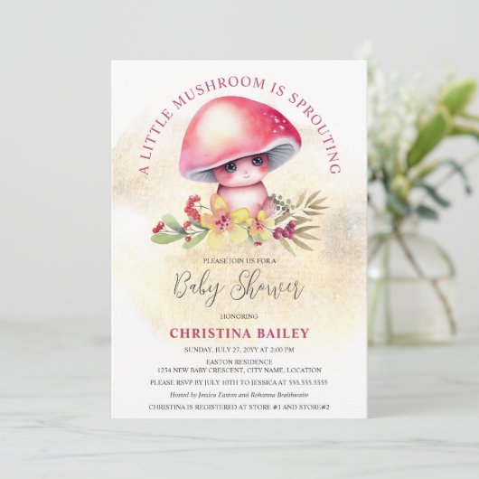Ein kleines Pilzzimmer verschmutzt die Babydusche Einladung (Stehend Vorderseite)