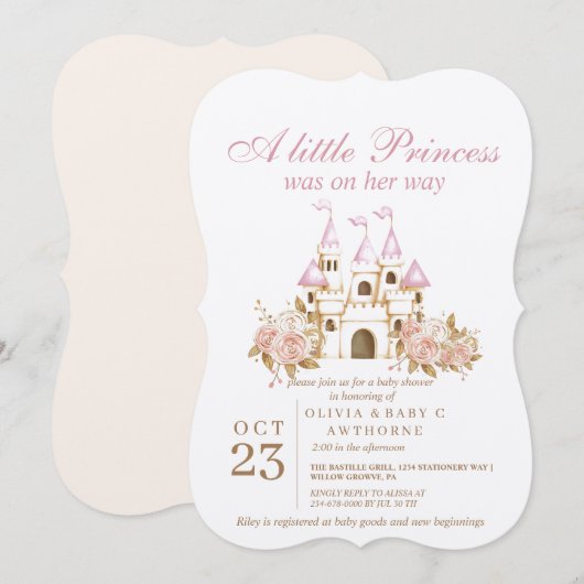 Ein kleines Princess Pink Gold Castle Baby Dusche Einladung (Vorne/Hinten)
