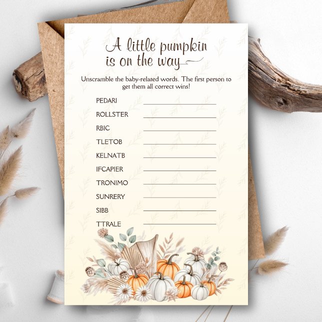 Ein kleines Pumpkin Boho Babyduschenschnecken (A Little Pumpkin Is On The Way Baby Shower Game - Word scramble baby edition)