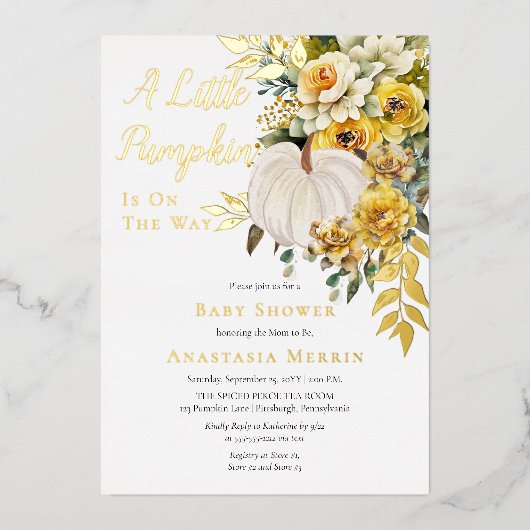 Ein kleines Pumpkin ernährt Gold Floral Baby Dusch Folieneinladung (Vorderseite)