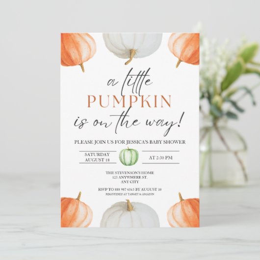 Ein kleines Pumpkin Fall Baby Duschgeschlecht neut Einladung (Stehend Vorderseite)