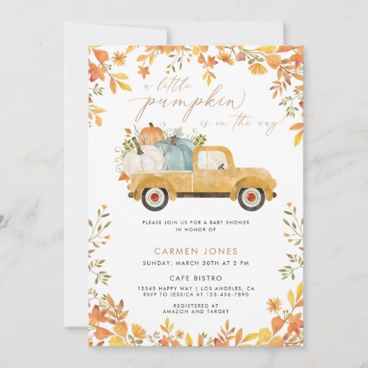 Ein kleines Pumpkin Fall Baby Duschgeschlecht neut Einladung (Vorderseite)
