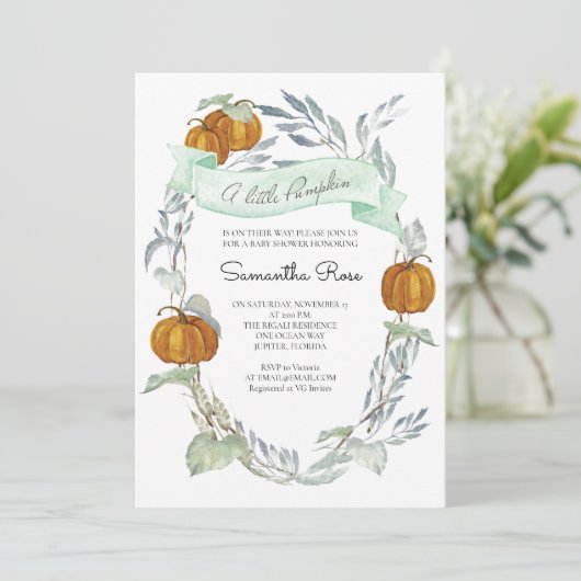 Ein kleines Pumpkin Fall Baby Duschgeschlecht neut Einladung (Stehend Vorderseite)