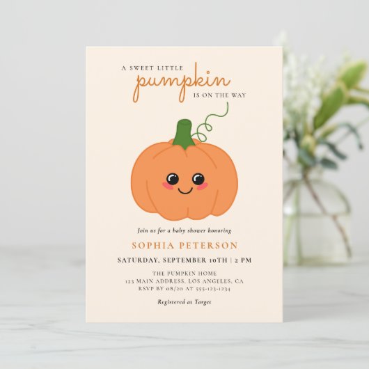 Ein kleines Pumpkin Gender Neutral Fall Baby Dusch Einladung (Stehend Vorderseite)