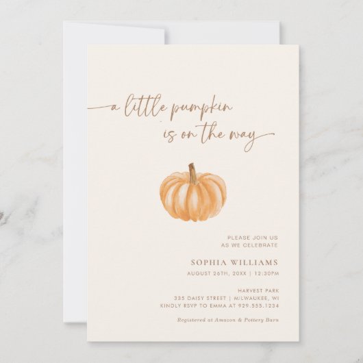 Ein kleines Pumpkin Gender Neutral Fall Baby Dusch Einladung (Vorderseite)