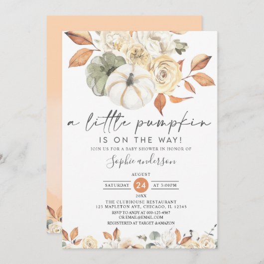 Ein kleines Pumpkin Herbst Floral Fall Baby Dusche Einladung (Vorne/Hinten)