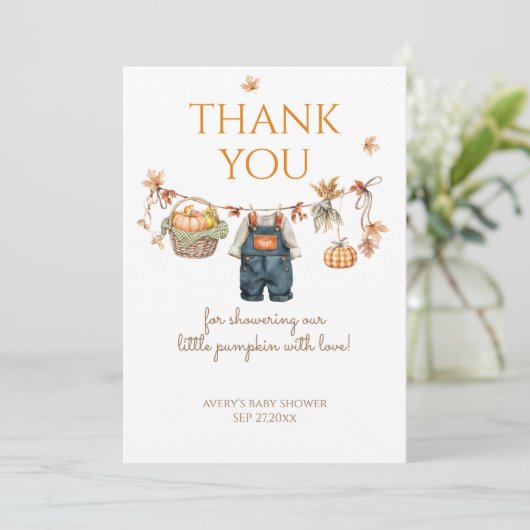 Ein kleines Pumpkin Rustic Boho Fall Baby Dusche Dankeskarte (Stehend Vorderseite)