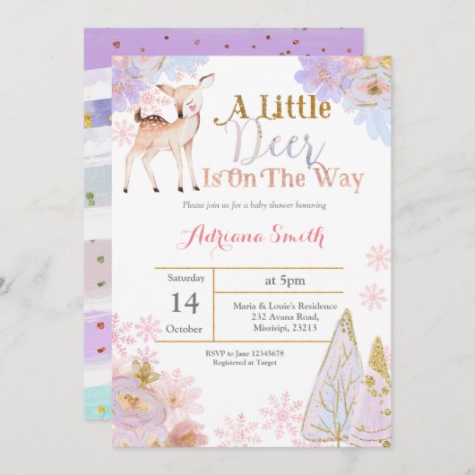 Ein kleines Reh ist auf dem Weg, die Baby-Dusche e Einladung (Vorne/Hinten)