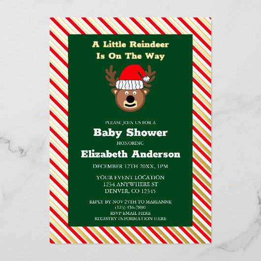 Ein kleines Rentier ist auf dem Weg zur Babydusche Folieneinladung (Vorderseite)