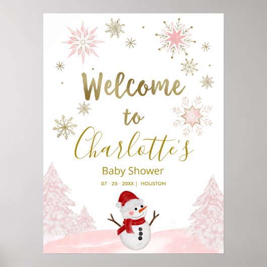 Ein kleines Schneeflocken Pink Baby Dusche Begrüßu Poster (Vorne)