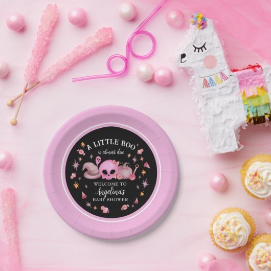 Ein kleines schwarz-rosa Halloween-Kinderdusche Pappteller (Party)