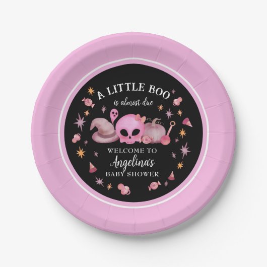 Ein kleines schwarz-rosa Halloween-Kinderdusche Pappteller (Vorderseite)