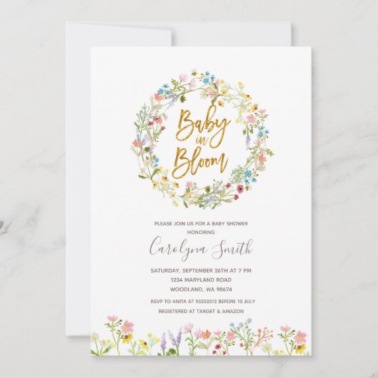 Ein kleines Wildblume Baby in Bloom Baby Dusche Einladung (Vorderseite)