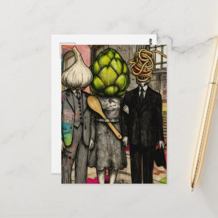 Ein Knoblauch, eine Artischocke und eine Spaghetti Postkarte