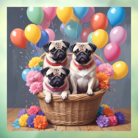 Ein Korb voller Mops und Balloons Fensteraufkleber (Blatt 3)