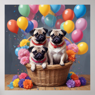 Ein Korb voller Mops und Balloons Poster