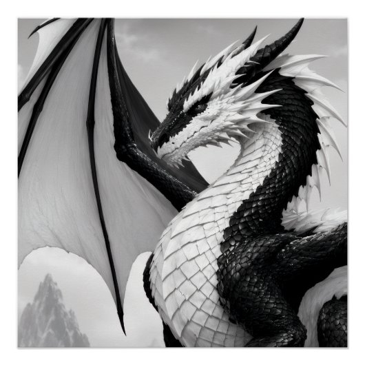 Ein kraftvolles Schwarz-Weiß-Drachendesign mit Poster (Vorderseite)