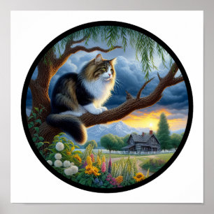 Ein kreisförmiges 3D-Bild einer Hauskatze mit Lang Poster