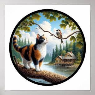 Ein kreisförmiges 3D-Bild einer schönen Calico-Kat Poster