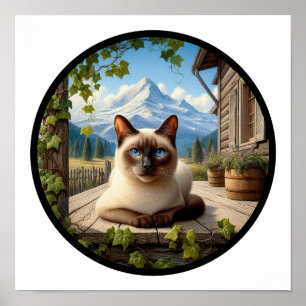 Ein kreisförmiges 3D-Bild einer schönen Siamkatze Poster