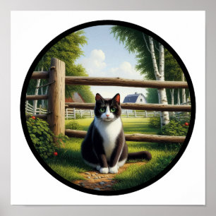 Ein kreisförmiges 3D-Bild einer schönen Tuxedo-Kat Poster