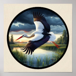 Ein kreisförmiges 3D-Bild eines schönen Weißstorch Poster