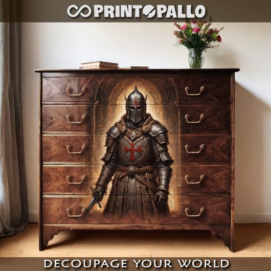 Ein Kreuzfahrer, der Schwert in einer Krypta hält Seidenpapier