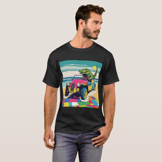 Ein Krokodil, der eine Buggy am Strand fährt T-Shirt (Vorne ganz)