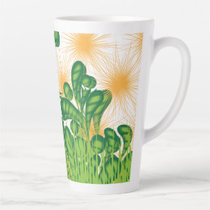 Ein künstlerisches Muster in Grün und Gold, das ei Milchtasse