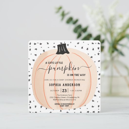 Ein Kürbis ist auf dem Weg zum Kinderduschen Hallo Einladung (Stehend Vorderseite)