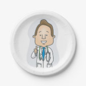 Ein lächelnder Arzt, der mit Stethoskop die Daumen Pappteller (Vorderseite)