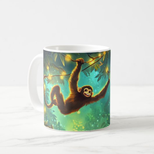 Ein lächelnder junger Affe schwingt durch üppige T Kaffeetasse (Vorderseite Links)