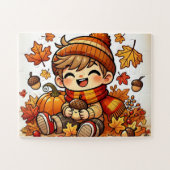 Ein lächelndes Kind, das im Herbst eine Eichel häl Puzzle (Horizontal)