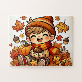 Ein lächelndes Kind, das im Herbst eine Eichel häl Puzzle