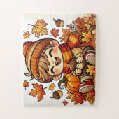 Ein lächelndes Kind, das im Herbst eine Eichel häl Puzzle (Vertikal)