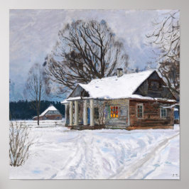 Ein Landhaus in der Dämmerung im Winter Poster