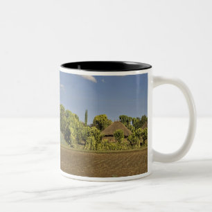 Ein landwirtschaftlich genutztes Feld vor Häusern Zweifarbige Tasse