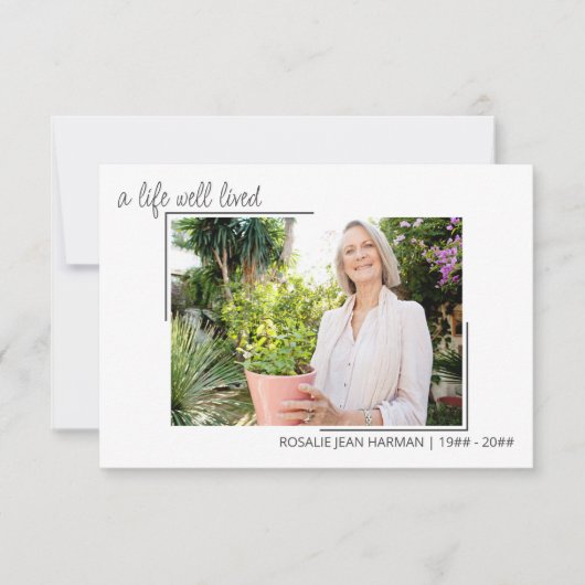 Ein Leben lang lebte Lässiges Script Foto Beerdigu Dankeskarte (Vorderseite)