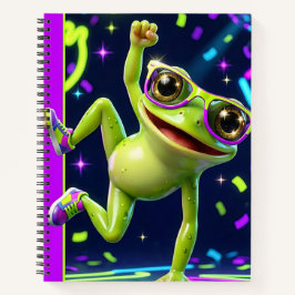 Ein lebendiger grüner Cartoon-Frosch mit einem bre Notizblock