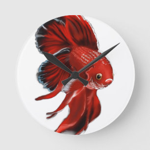 Ein lebendiger roter Kampffisch schwimmt. Runde Wanduhr