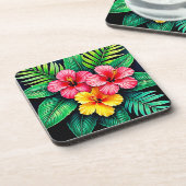 Ein lebendiger tropischer Hibiskus Getränkeuntersetzer (Linke Seite)