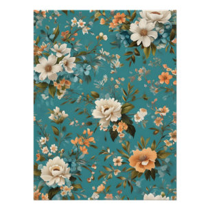 Ein lebendiges Blumenmuster im Aquamarinen Hinterg Poster