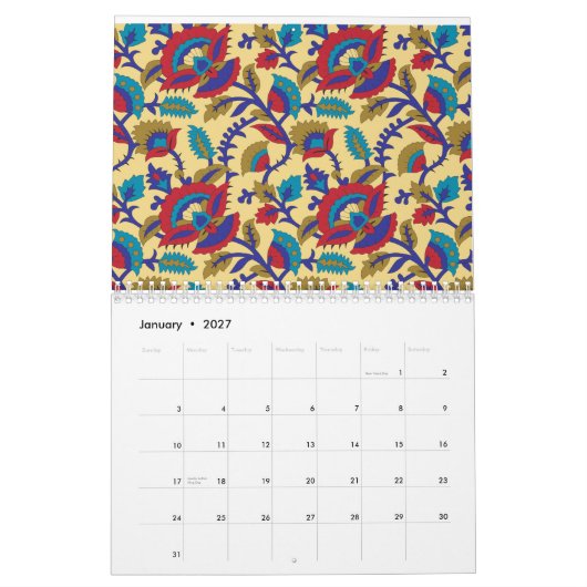Ein lebendiges Stück Textilkunst mit fett roten Au Kalender (Jan 2027)