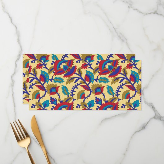 Ein lebendiges Stück Textilkunst mit fett roten Au Menükarte (Vorderseite/Rückseite Beispiel)