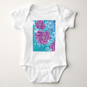 Ein lebendiges Textildesign mit lila und türkis Baby Strampler
